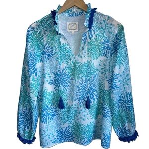 SAIL TO SABLE Coral Print Toile Ruffle Neck Top | Blue Fringe Cotton Blouse XS
